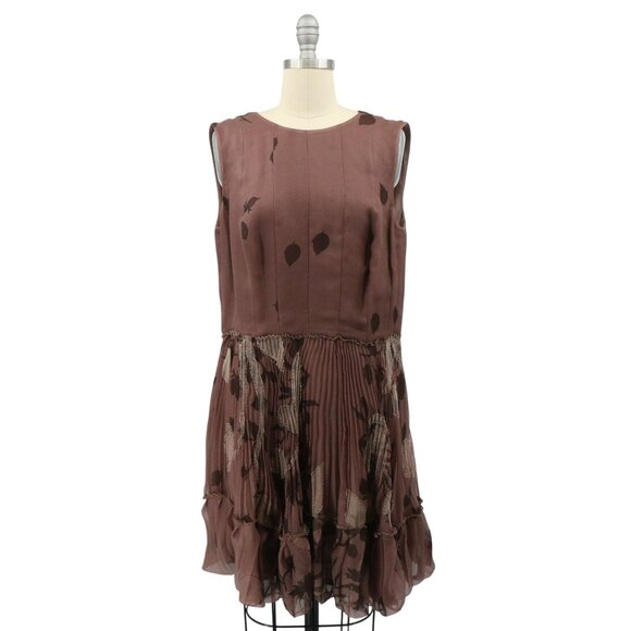 Akris Mocha Mauve Silk Applique Leaf Vine Pleated Sleeveless Party Dress 12 - Picture 1 of 5